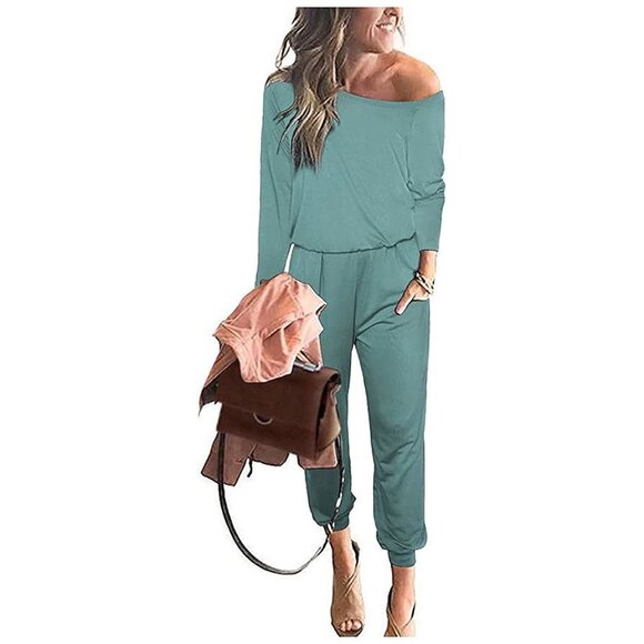 Women's Casual Long Sleeve Jumpsuit Crewneck One Off Shoulder Light Green